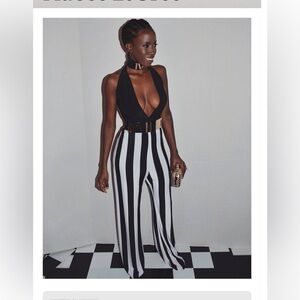 Black&white jumpsuit one piece sexy black top striped bottom stretchy fabric L